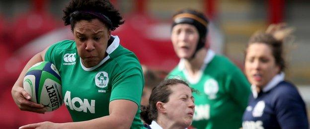 Ireland's Sophie Spence is tackled by Nuala Deans of Scotland during the match at Broadwood Stadium