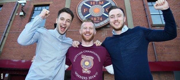 Hearts trio Brad McKay (left), Adam Eckersley (centre) and Danny Wilson celebrate outside Tynecastle