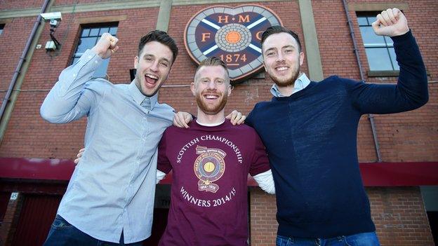 Hearts trio Brad McKay (left), Adam Eckersley (centre) and Danny Wilson celebrate outside Tynecastle