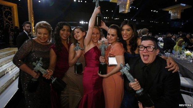 The cast of Netflix programme Orange is the New Black celebrate a Screen Actors Guild award