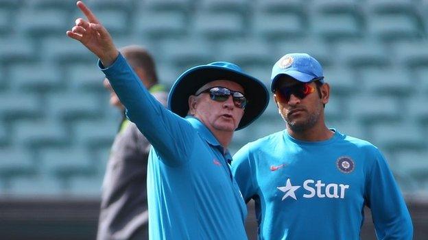 Indian cricket captain MS Dhoni, right, with head coach Duncan Fletcher as his team arrives to train for their World Cup semifinal in Sydney, Australia, on March 23, 2015.