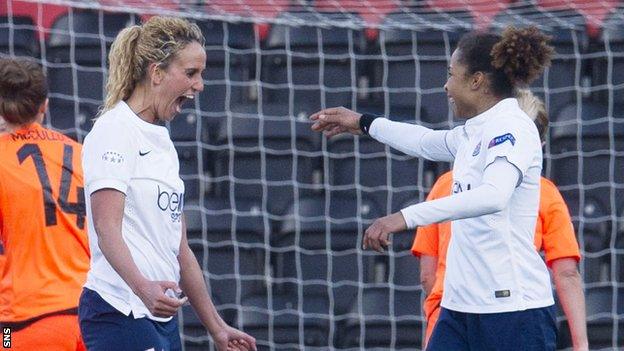 PSG's Kheira Hamraoui (left) celebrates scoring against Glasgow