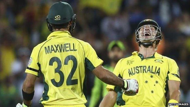 Shane Watson and Glenn Maxwell of Australia celebrate victory during the 2015 ICC Cricket World Cup match between Australian and Pakistan at Adelaide Oval on March 20, 2015 in Adelaide, Australia