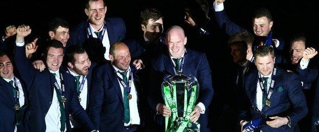 Ireland players celebrate after winning the Six Nations