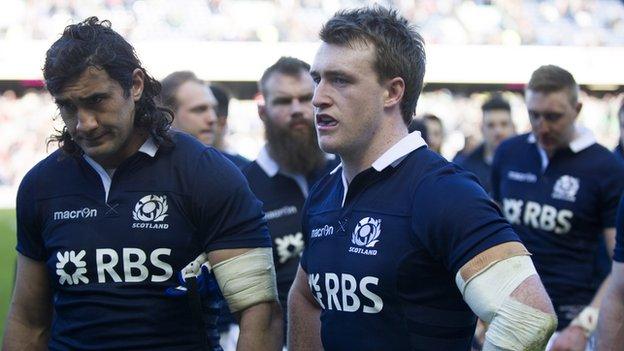 Scotland's Blair Cowan and Stuart Hogg show their disappointment against Ireland