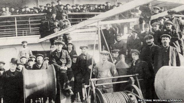 Firemen and engine-room staff on the deck of Lusitania