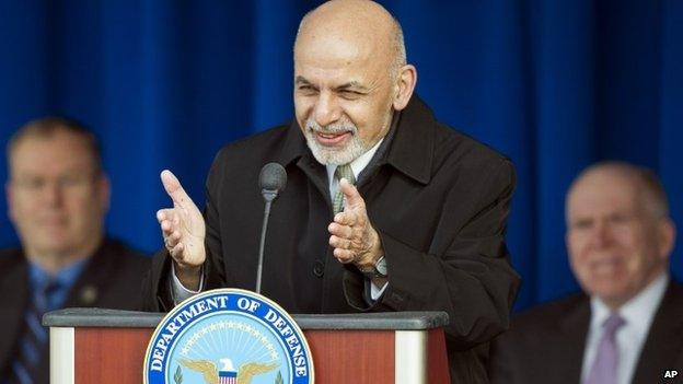 Ashraf Ghani addressing a ceremony at the Pentagon, 23 March 2015