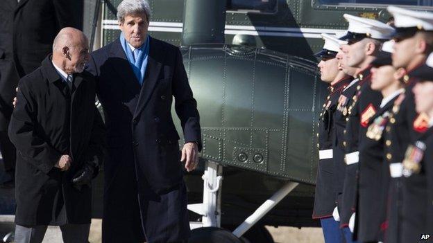 Ashraf Ghani and John Kerry at Camp David, 23 March 2015