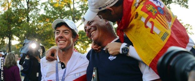 Rory McIlroy and Darren Clarke celebrate winning the 2012 Ryder Cup