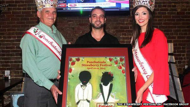 Picture of the poster, its artist and two Strawberry Festival organisers