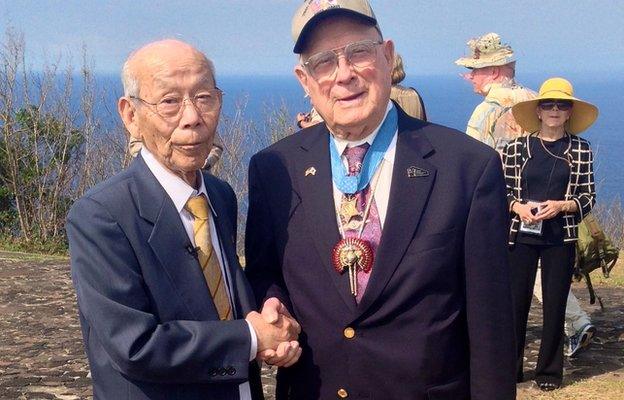 Tsuruji Akikusa and Hershel "Woody" Williams at Iwo Jima