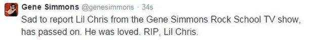 Gene Simmons' tweet about Lil' Chris' death