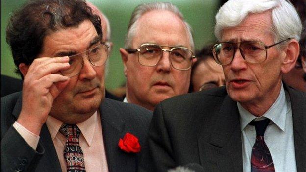 John Hume and his then deputy Seamus Mallon at the end of political negotiations in 1998