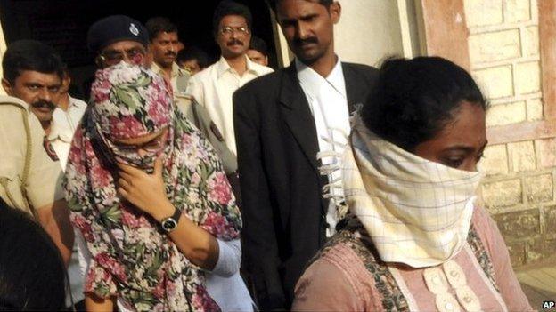 Shaheen Dhada, left, and Renu Srinivasan, who were arrested for their Facebook posts, leave court in Mumbai on 20 November 2012