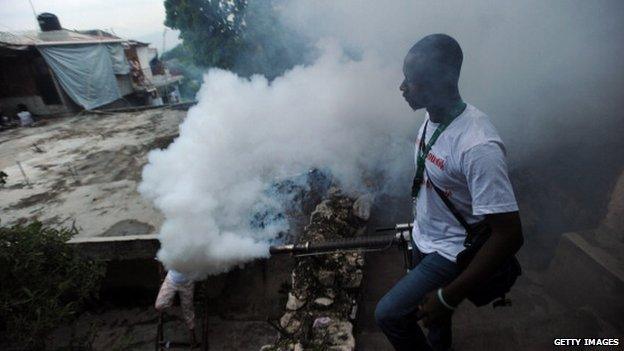 A worker from Haiti's Ministry of Public Health sprays chemical to exterminate mosquitoes in a neighbourhood of Petion Ville in Port-au-Prince on 21 May, 2014