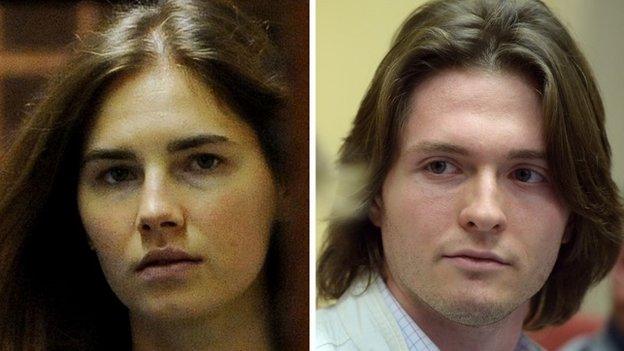 A combination of two pictures shows Italian Raffaele Sollecito (R) during a press conference on July 1st, 2014 in Rome and Amanda Knox, US national accused with former lover Sollecito of the 2007 murder of her housemate Meredith Kercher, as she arrives at the court during the resumption of her appeal trial in Perugia on September 30, 2011