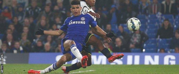 Dominic Solanke scores for Chelsea in their FA Youth Cup semi-final win over Tottenham