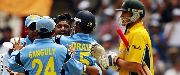 India celebrate a wicket at the 2003 World Cup final