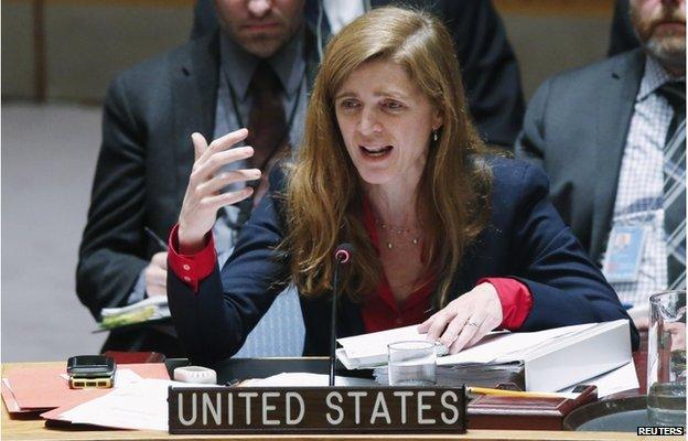 United States Ambassador to the United Nations Samantha Power speaks to members of the Security Council during a meeting about the Ukraine situation, at the U.N. headquarters in New York, 6 March, 2015