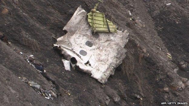 Debris of the Airbus A320 at the crash site in the French Alps