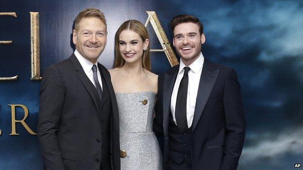 Sir Kenneth Branagh with Lily James and Richard Madden at Cinderella's UK premiere