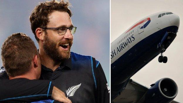 New Zealand cricket celebrate and a plane