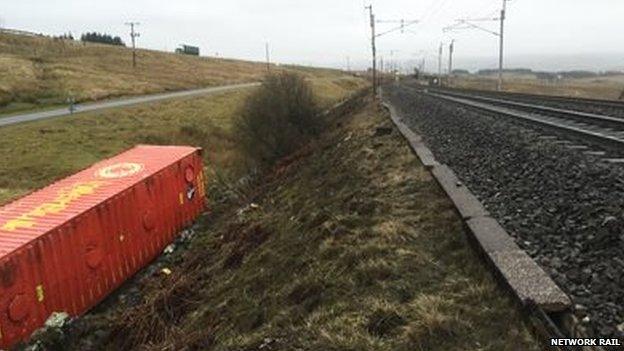 Freight container on its side next to the track