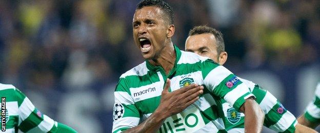 Nani celebrates scoring for Sporting Lisbon