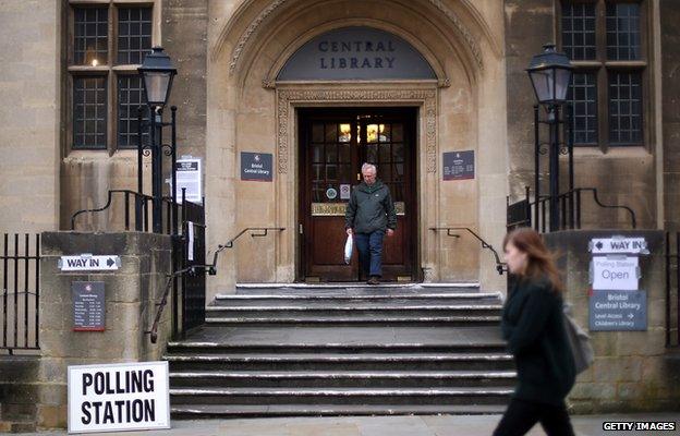 Polling station in a central library up a flight of stairs