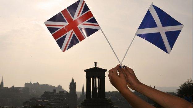 The Union Jack and Saltire held up in front of the Edinburgh skyline