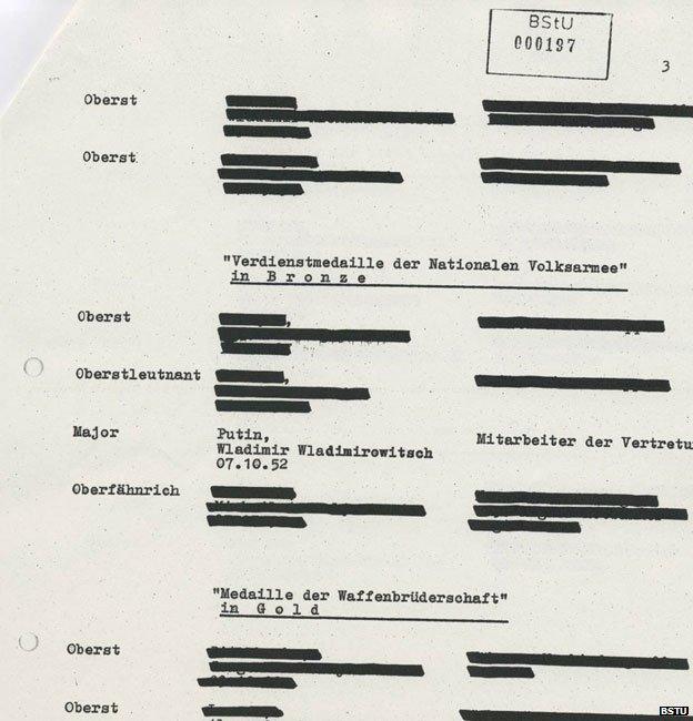 A heavily redacted Stasi document referring to Vladimir Putin