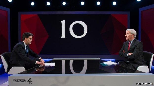 Labour Party Leader Ed Miliband is interviewed by Jeremy Paxman of Channel 4 during the filming of "Cameron v Miliband; The Battle For Number 10"