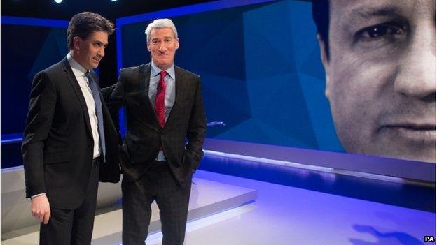 Labour leader Ed Miliband and Jeremy Paxman (right) on the Sky News/Channel 4 programme: "Cameron v Miliband Live: The Battle for Number 10"