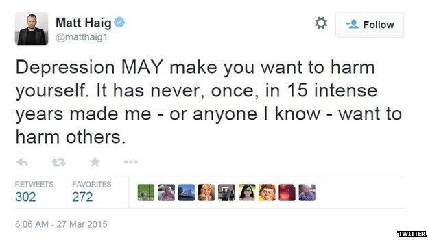 Matt Haig said: "Depression may make you want to harm yourself. It has never, once, in 15 intense years made me - or anyone I know - want to harm others."
