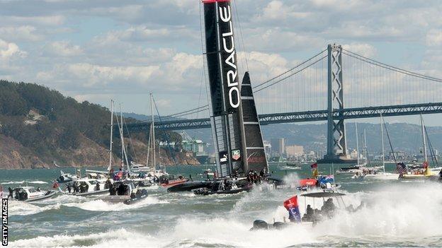 Oracle Team USA celebrates a win over Emirate's Team NZ in the 34th America's Cup