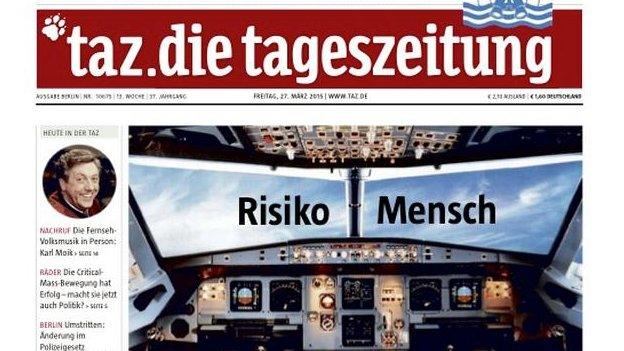 Front page of the German daily Die Tageszeitung on Friday 27 March