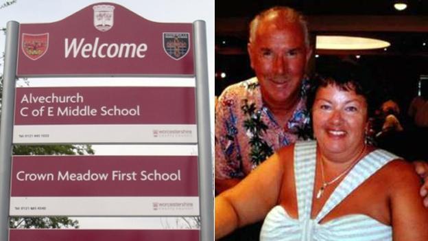 Alvechurch school sign and Peter and Sharon Rippington