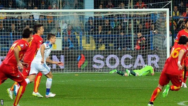 Igor Akinfeev hit by a flare in Montenegro-Russia Euro 2016 qualifier