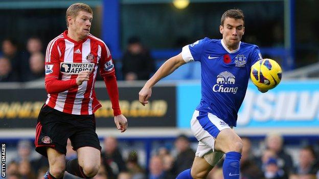 James McClean and Everton's Seamus Coleman during a match at Goodison Park in November 2012