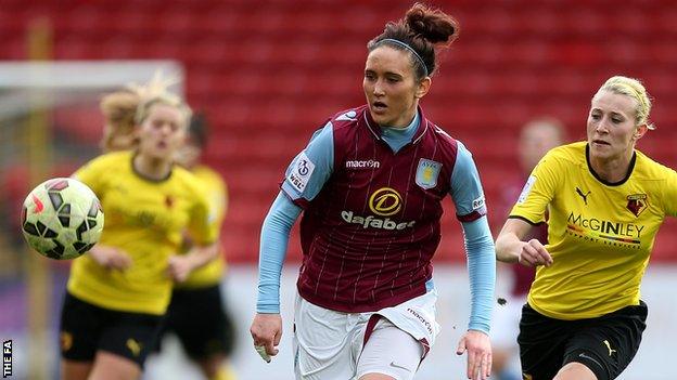 Aston Villa's Emily Owen chases down a ball against Watford