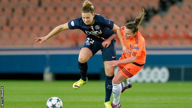 Josephine Henning (left) takes on Glasgow City's Jo Love