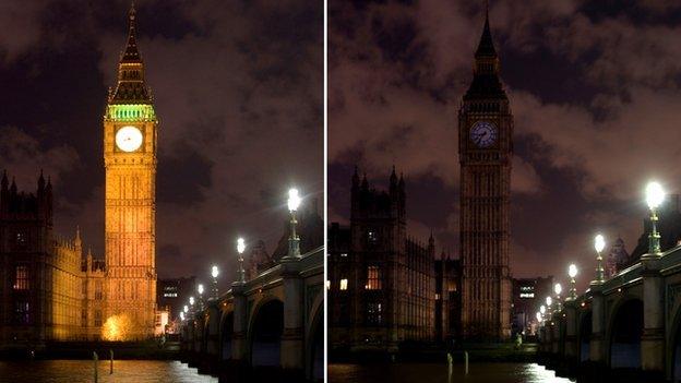 Big Ben before and after the lights go off for Earth Hour