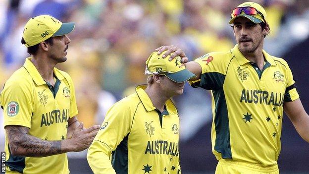 Australia's Mitchell Johnson, Steve Smith and Mitchell Starc