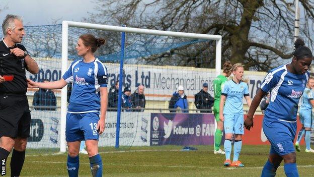 Freda Ayisi (far r) is sent-off against Manchester City