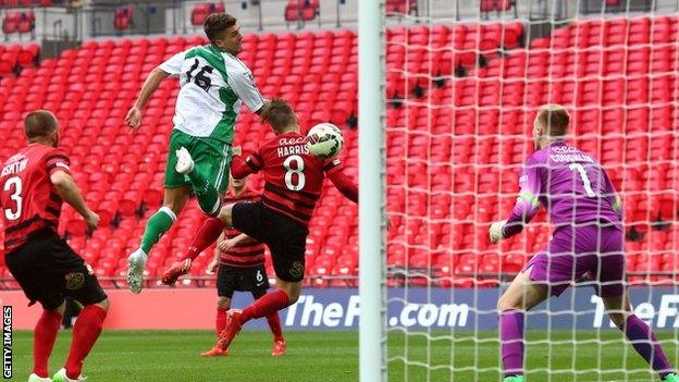 Ryan Kendal heads home the winner for North Ferriby United against Wrexham at Wembley