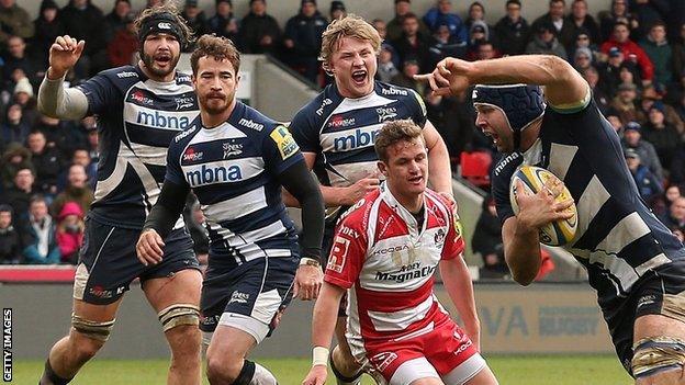 Josh Beaumont crosses for Sale's second try against Gloucester