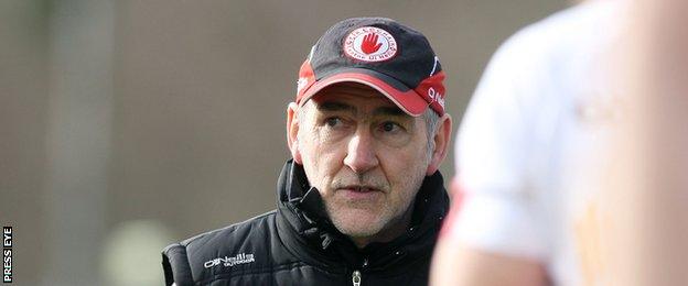 Mickey Harte looks concerned after Tyrone's heavy defeat in Ballybofey