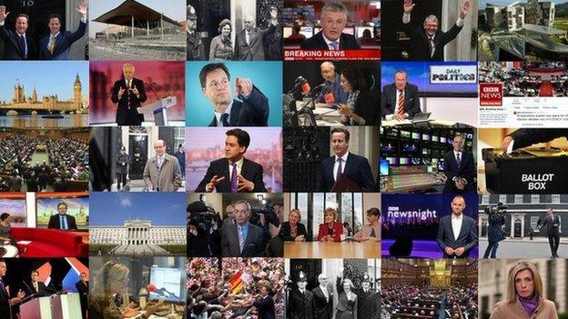 Composite images of politicians, historic election moments and BBC broadcasters