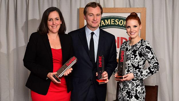 Interstellar director Christopher Nolan (centre) with producer Emma Thomas and Jessica Chastain