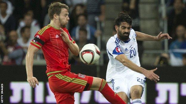 Chris Gunter (l) in action for Wales against Israel